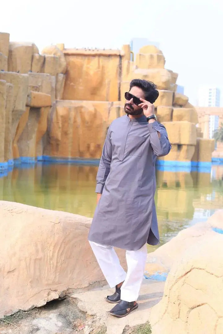 Grey Cotton Kameez Trouser AI-308 - Sprucity