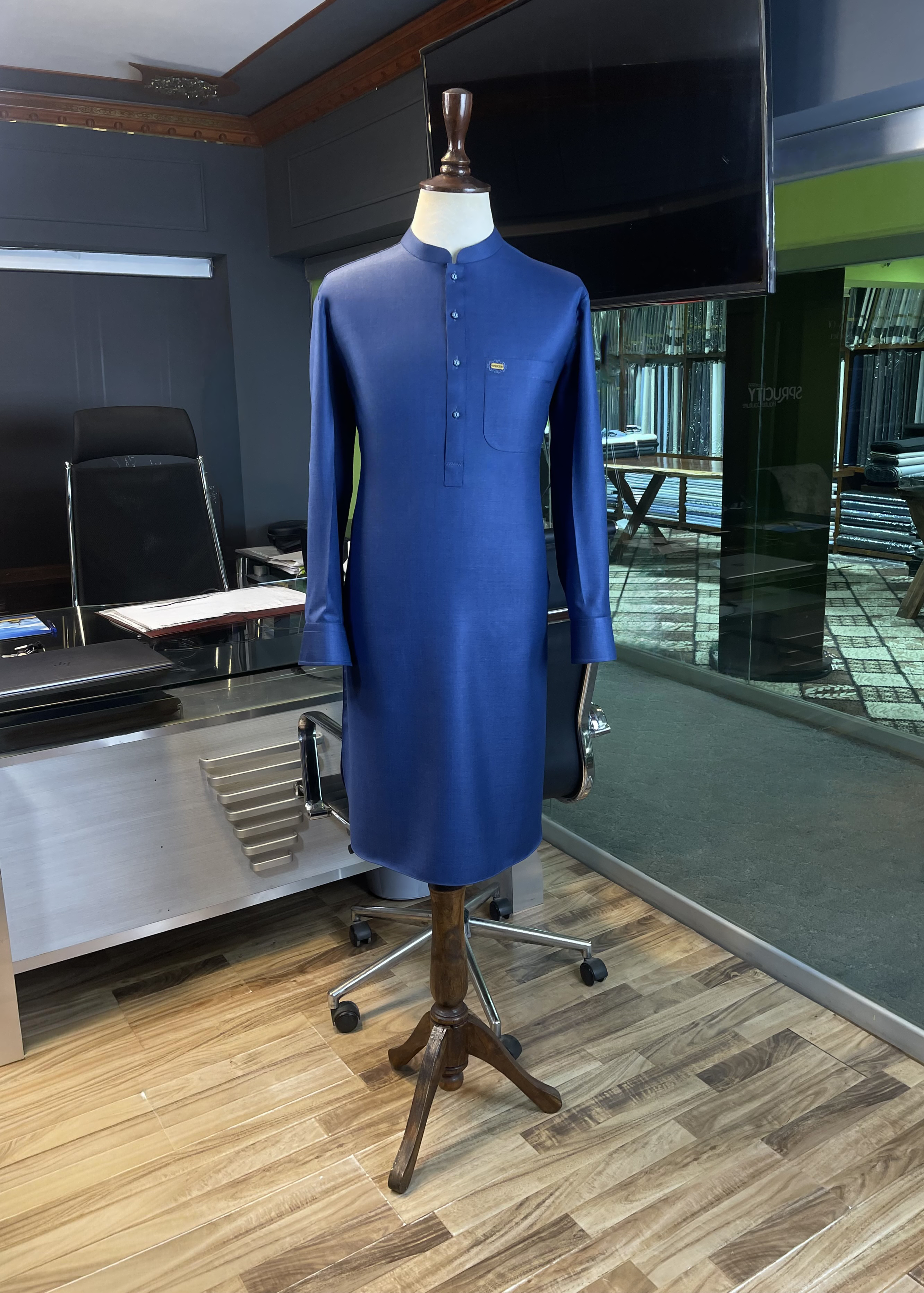 Royal Blue Kameez Shalwar With Matching Waistcoat In Imported Suiting Fabric (Winter Collection)