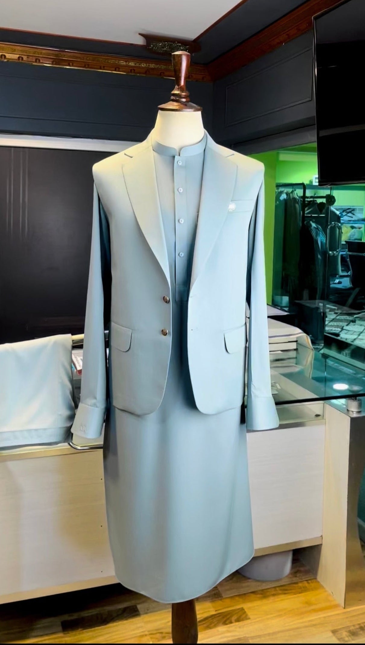 Sage Mist Shalwar Kameez with Matching Waistcoat