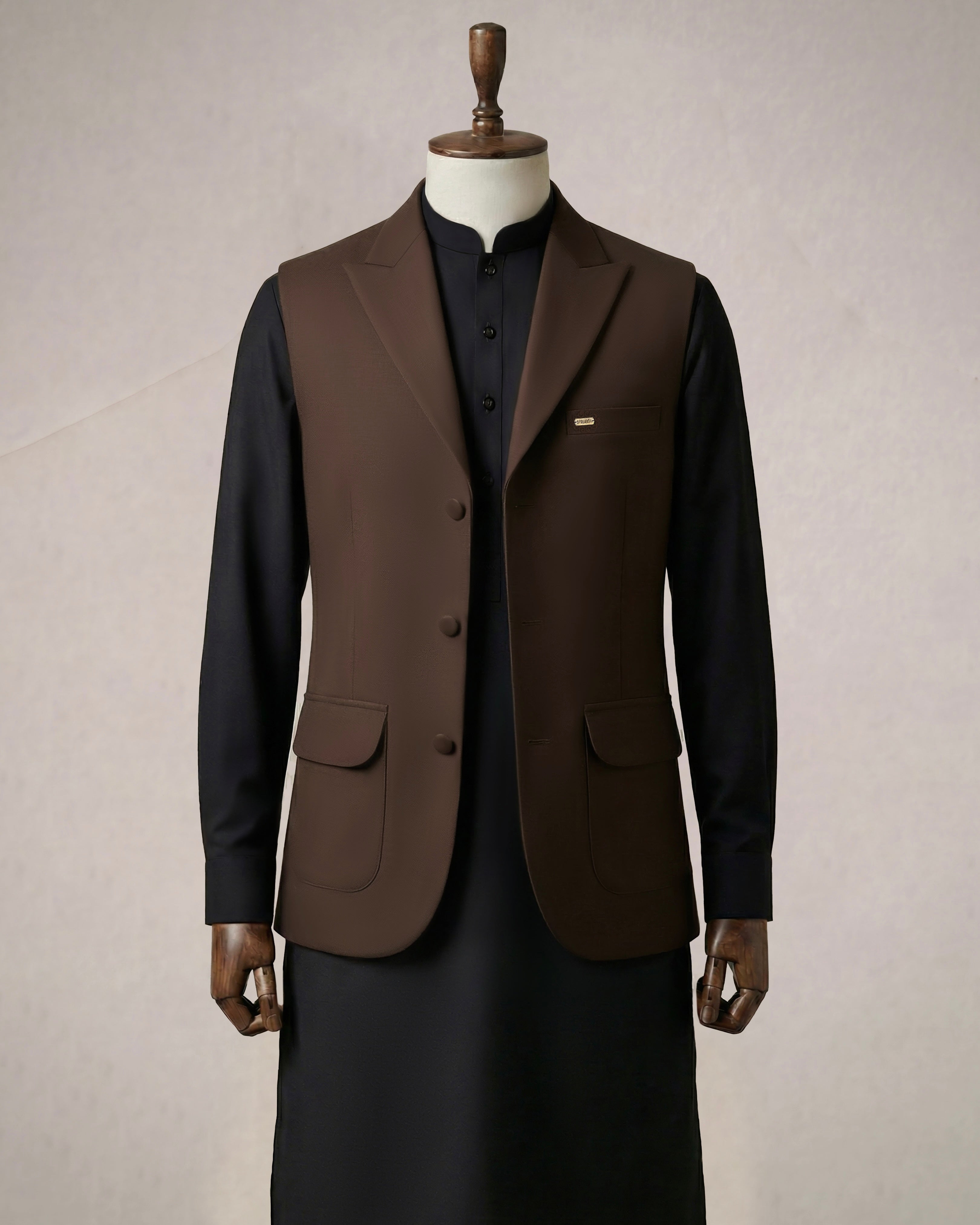 Onyx Black Shalwar Kameez With Mocha Brown Waistcoat