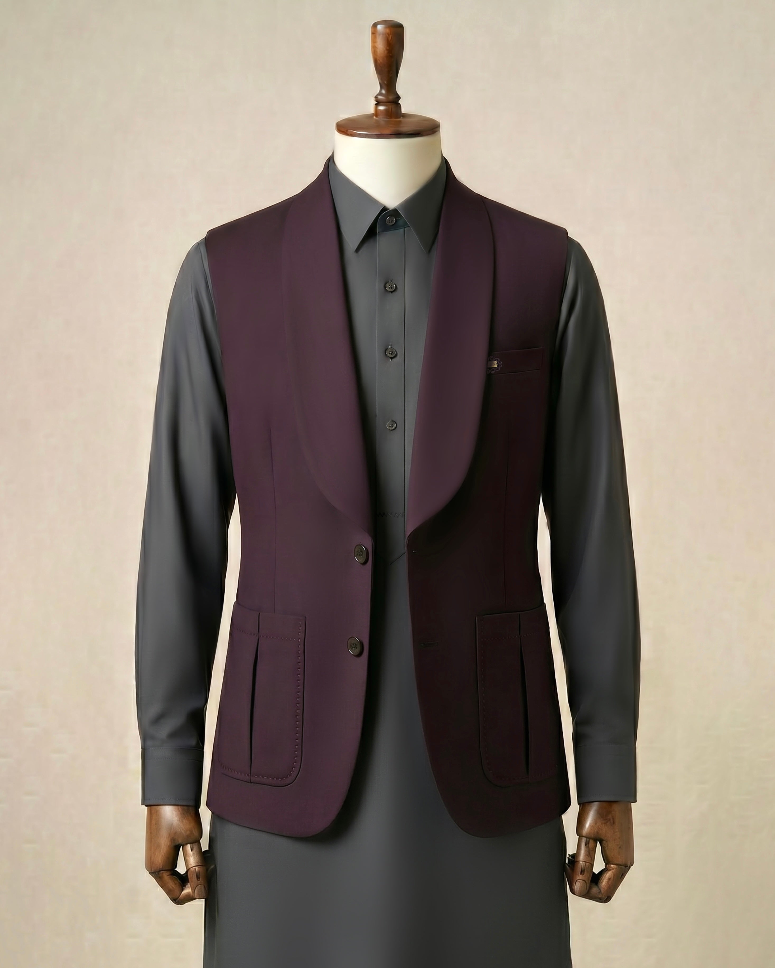 Muted Charcoal with Plum Shawl Lapel Waistcoat