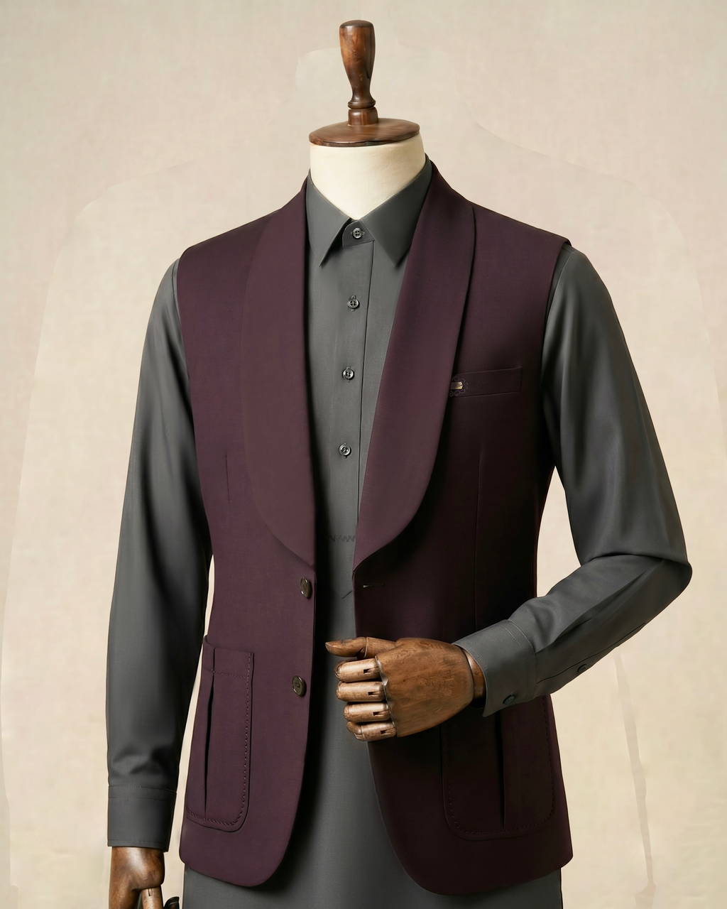 Muted Charcoal with Plum Shawl Lapel Waistcoat