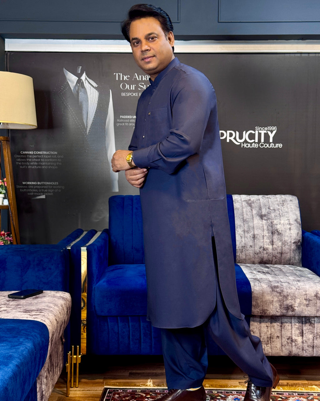 Charcoal Blue Classic Linen Shalwar Kameez - Sprucity