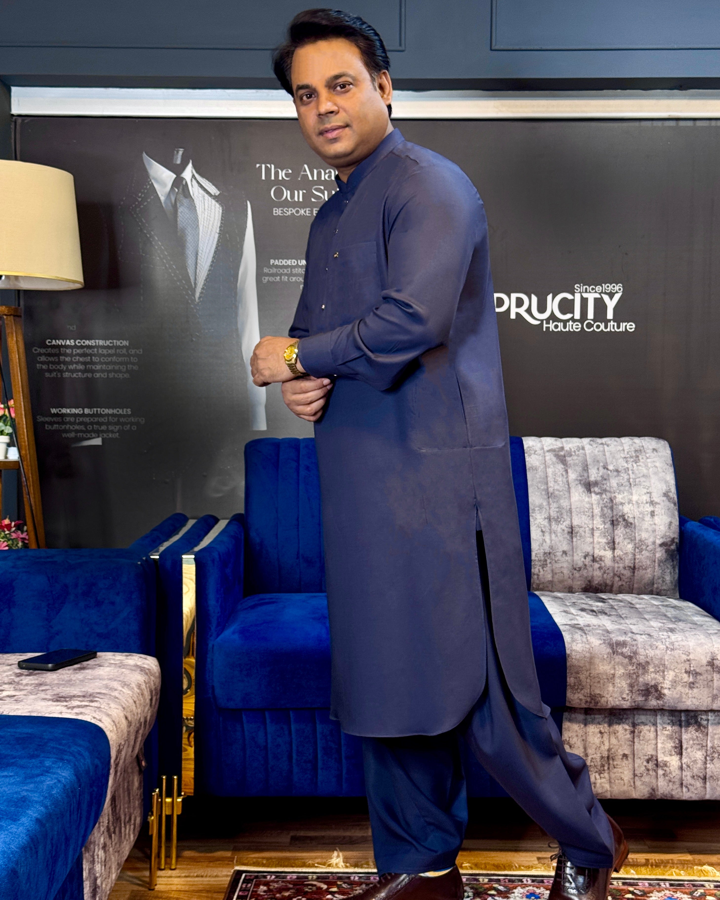 Charcoal Blue Classic Linen Shalwar Kameez - Sprucity
