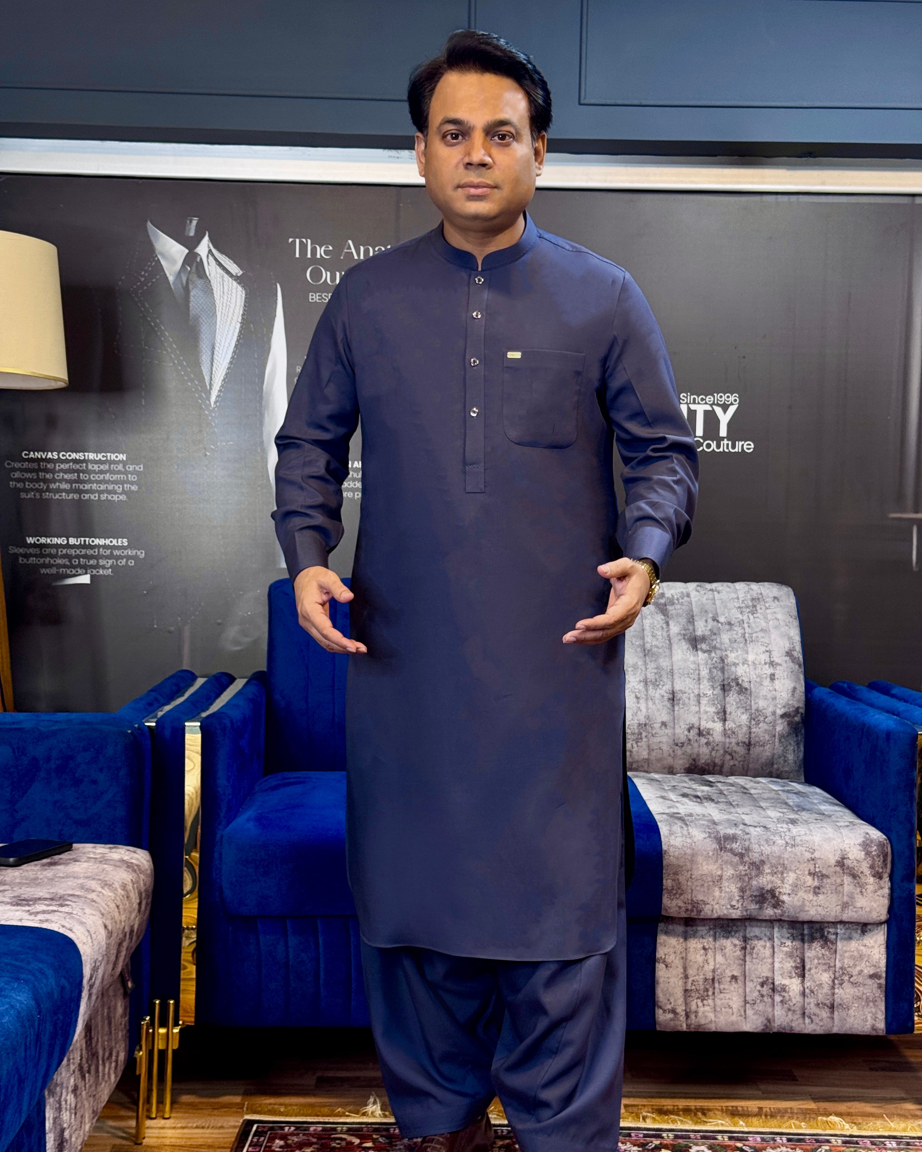 Charcoal Blue Classic Linen Shalwar Kameez - Sprucity