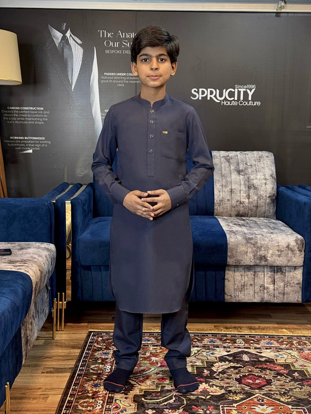 Charcoal Blue Classic Linen Teen Shalwar Kameez - Sprucity