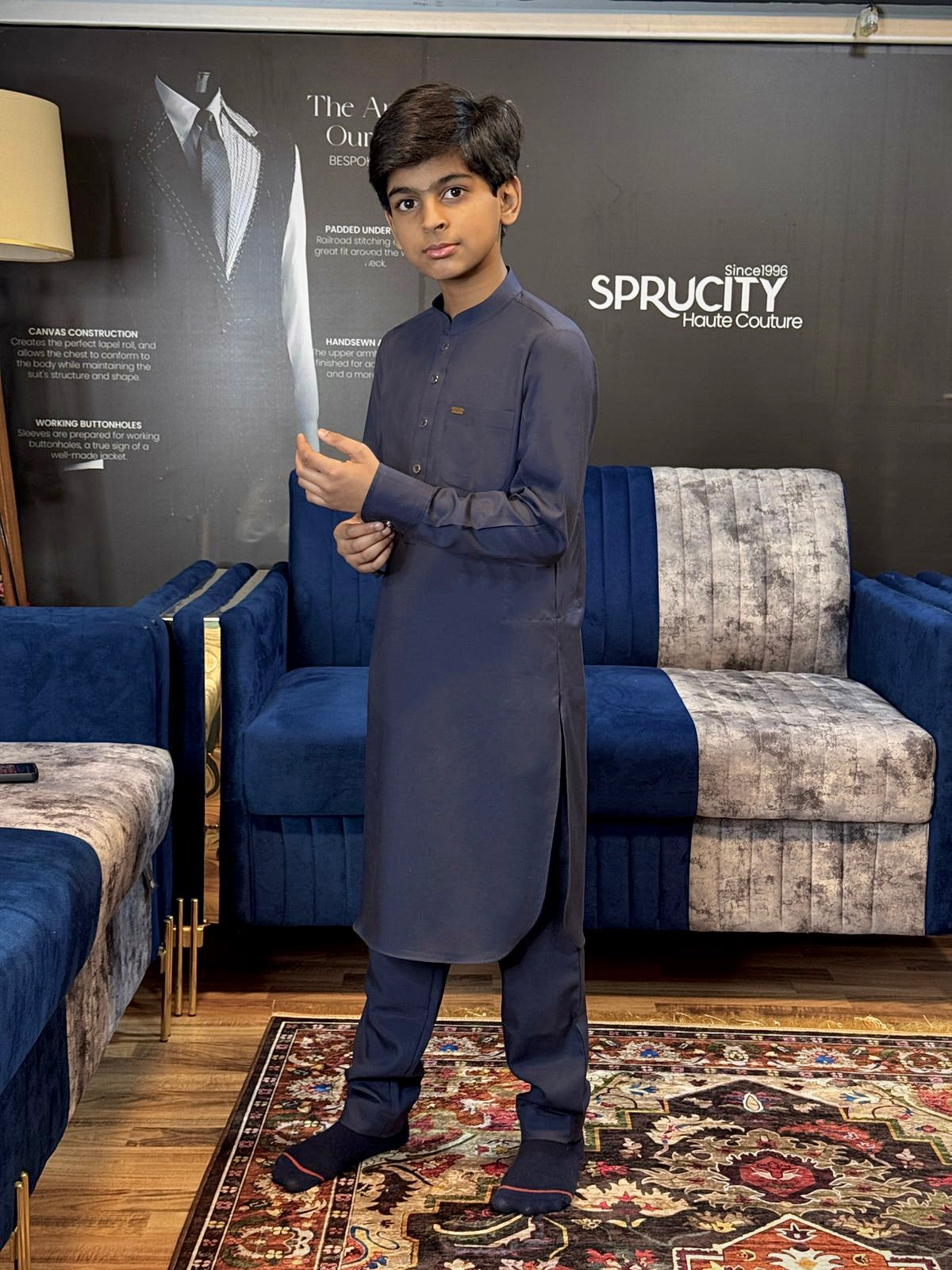 Charcoal Blue Classic Linen Teen Shalwar Kameez - Sprucity