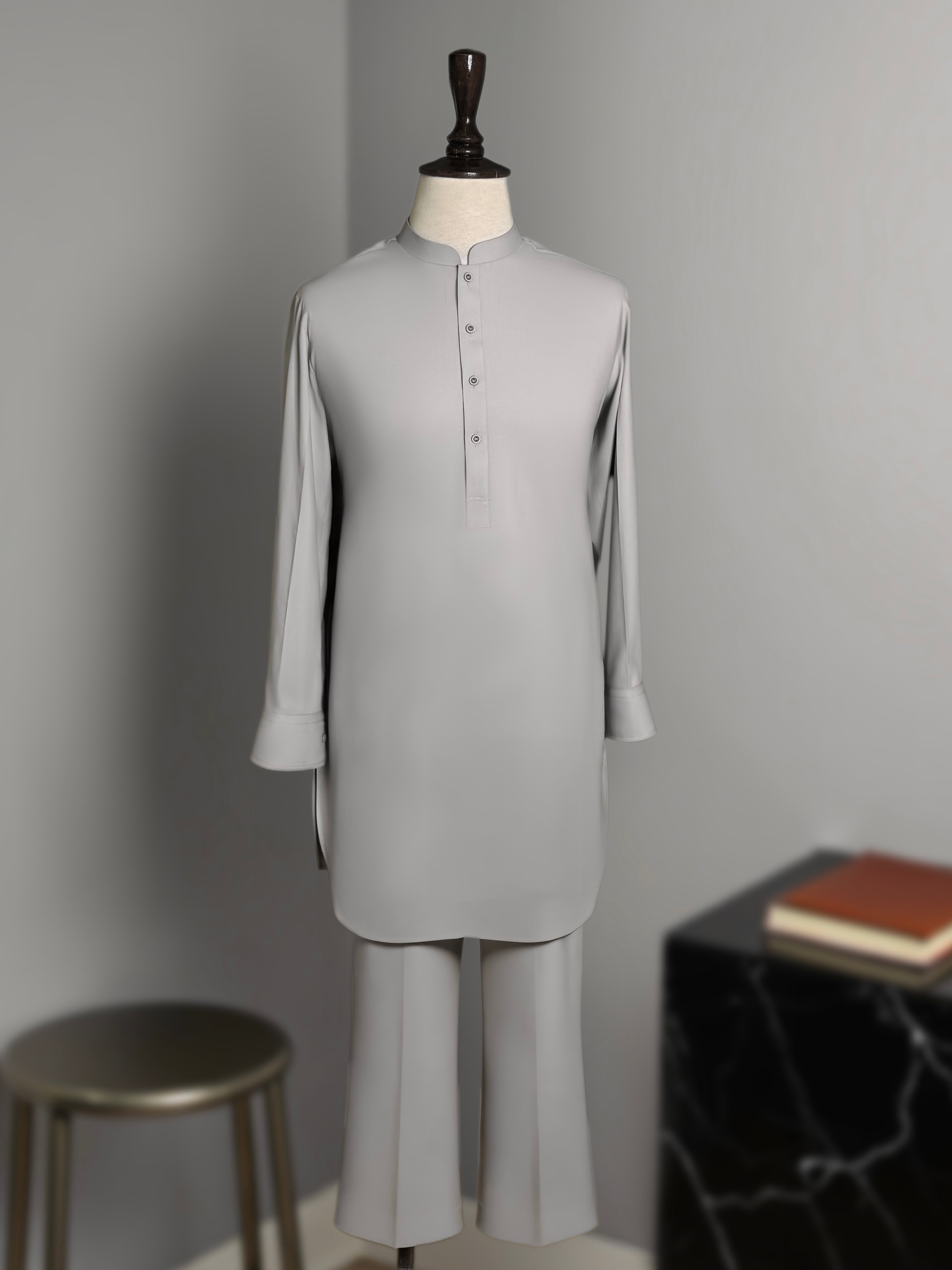 Soft Grey 3 Piece Shalwar Kameez with Waistcoat & Bootcut Trouser