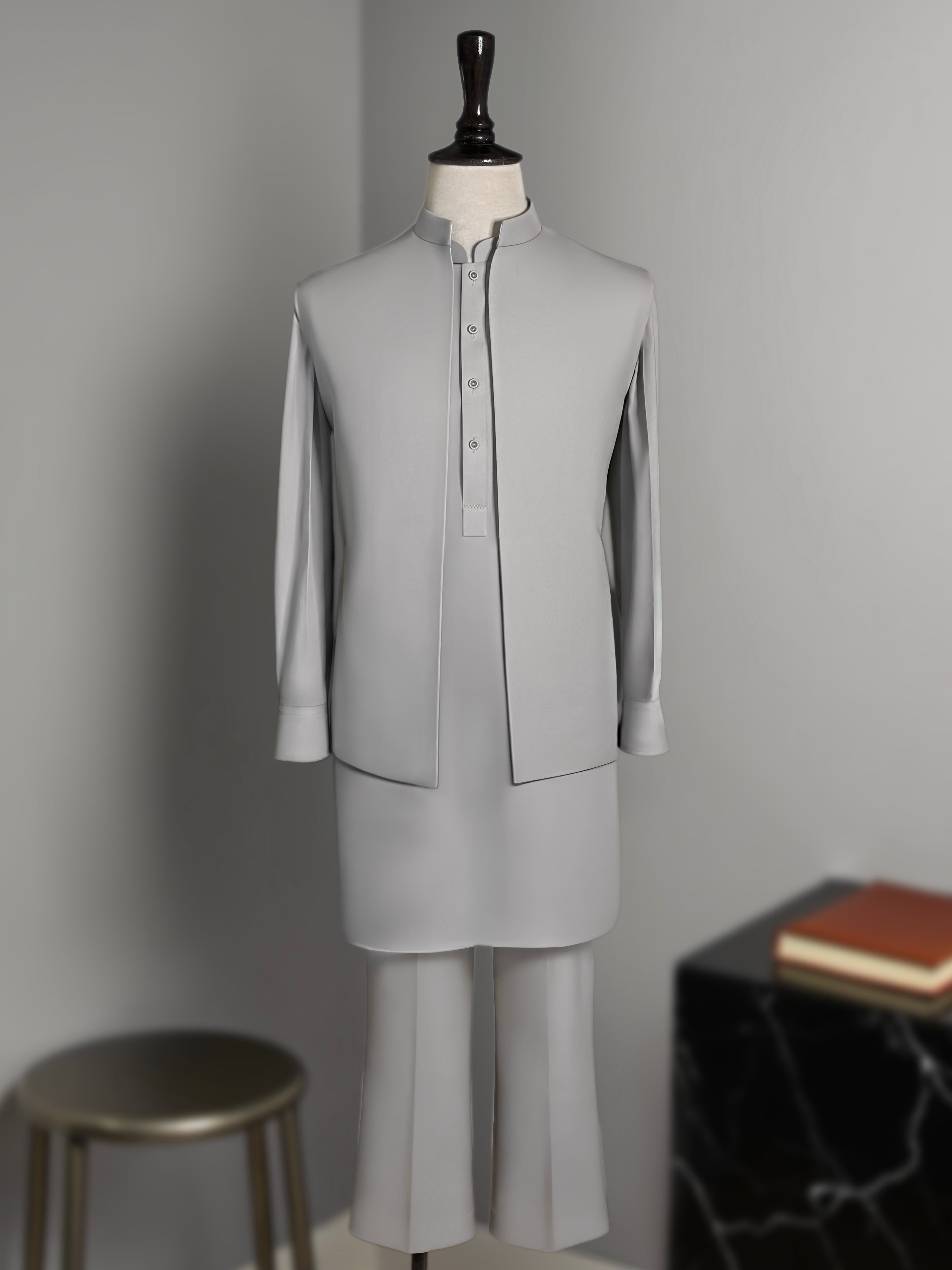 Soft Grey 3 Piece Shalwar Kameez with Waistcoat & Bootcut Trouser