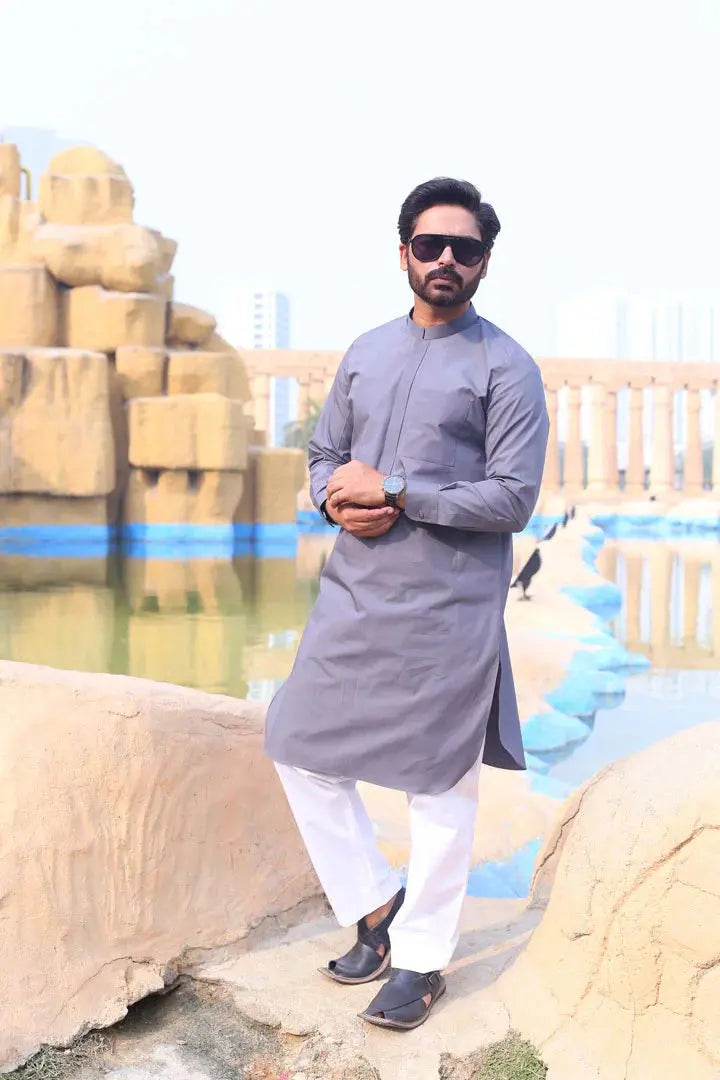 Grey Cotton Kameez Trouser AI-308 - Sprucity