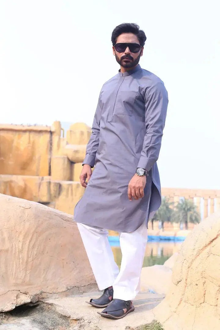 Grey Cotton Kameez Trouser AI-308 - Sprucity