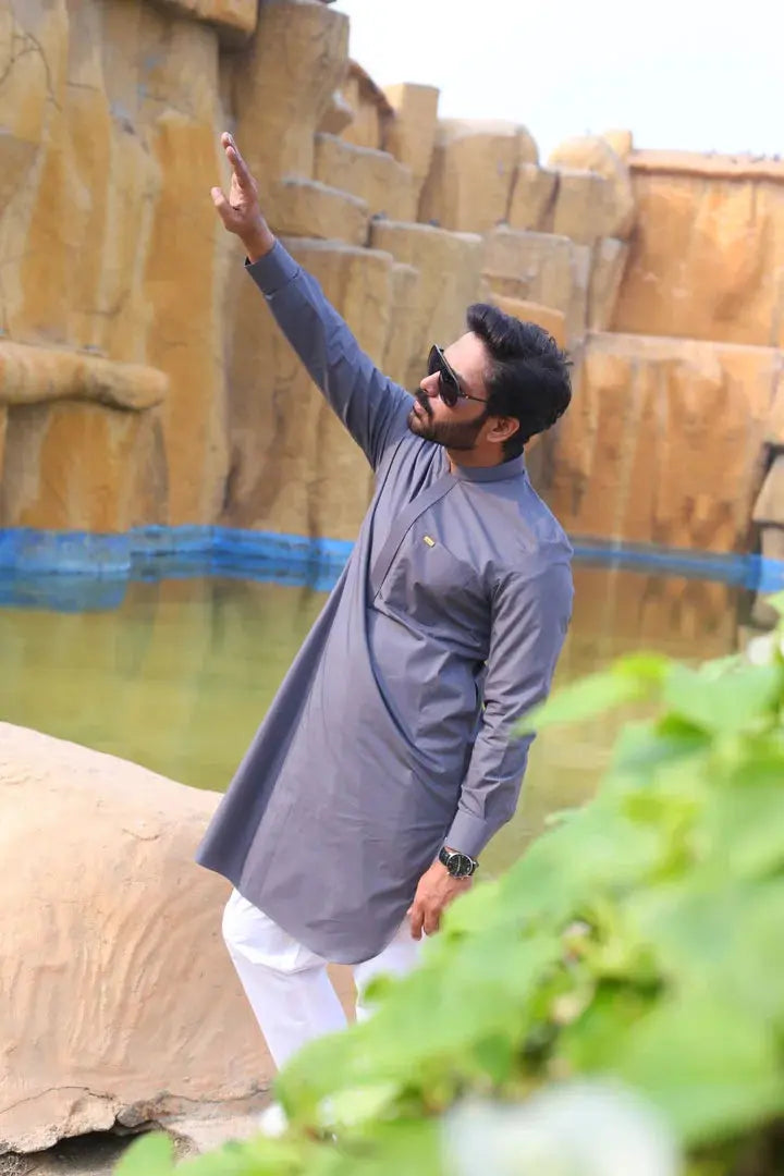 Grey Cotton Kameez Trouser AI-308 - Sprucity