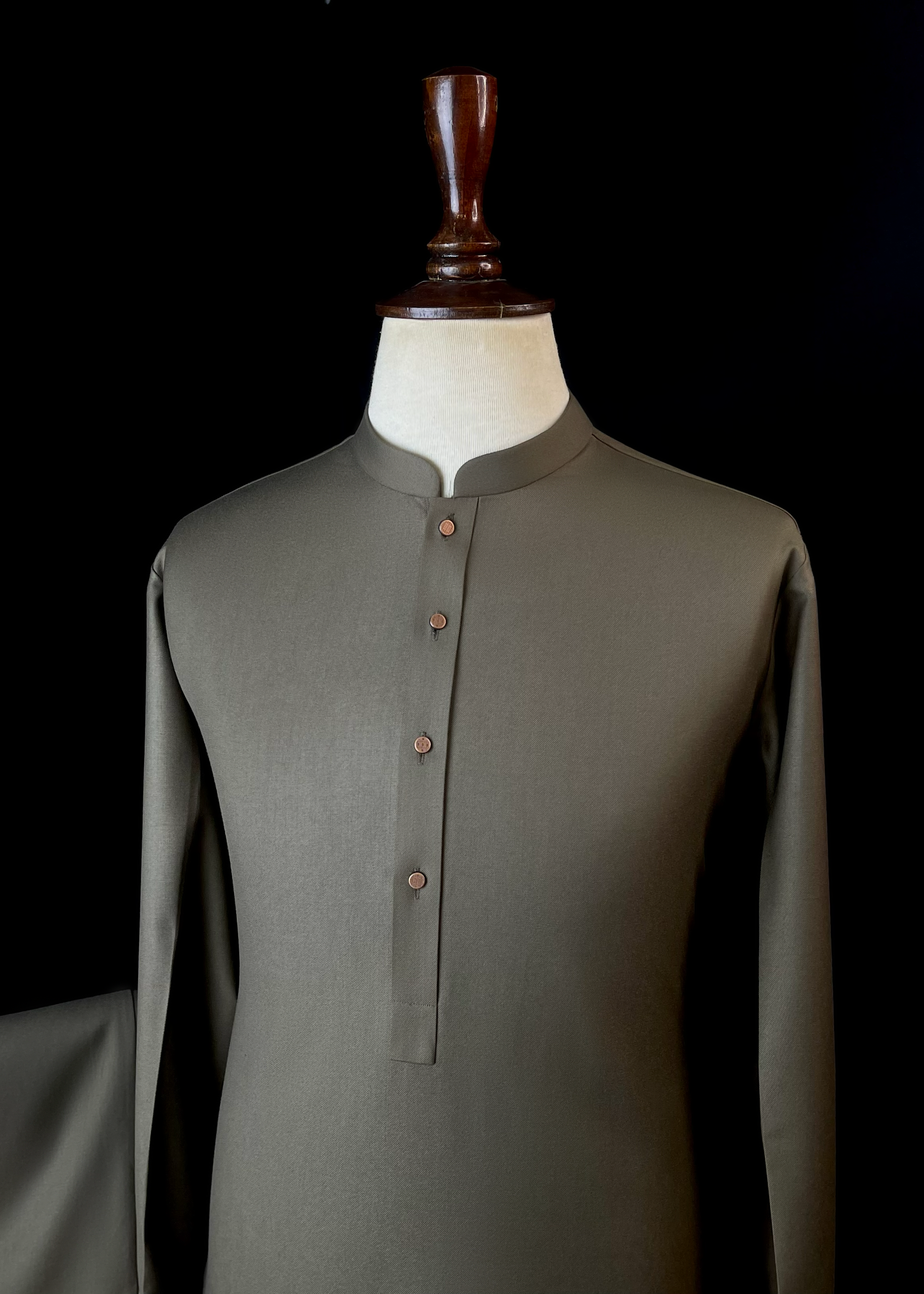 Earthy Olive Green Shalwar Kameez In Imported Suiting Fabric (Winter Collection)