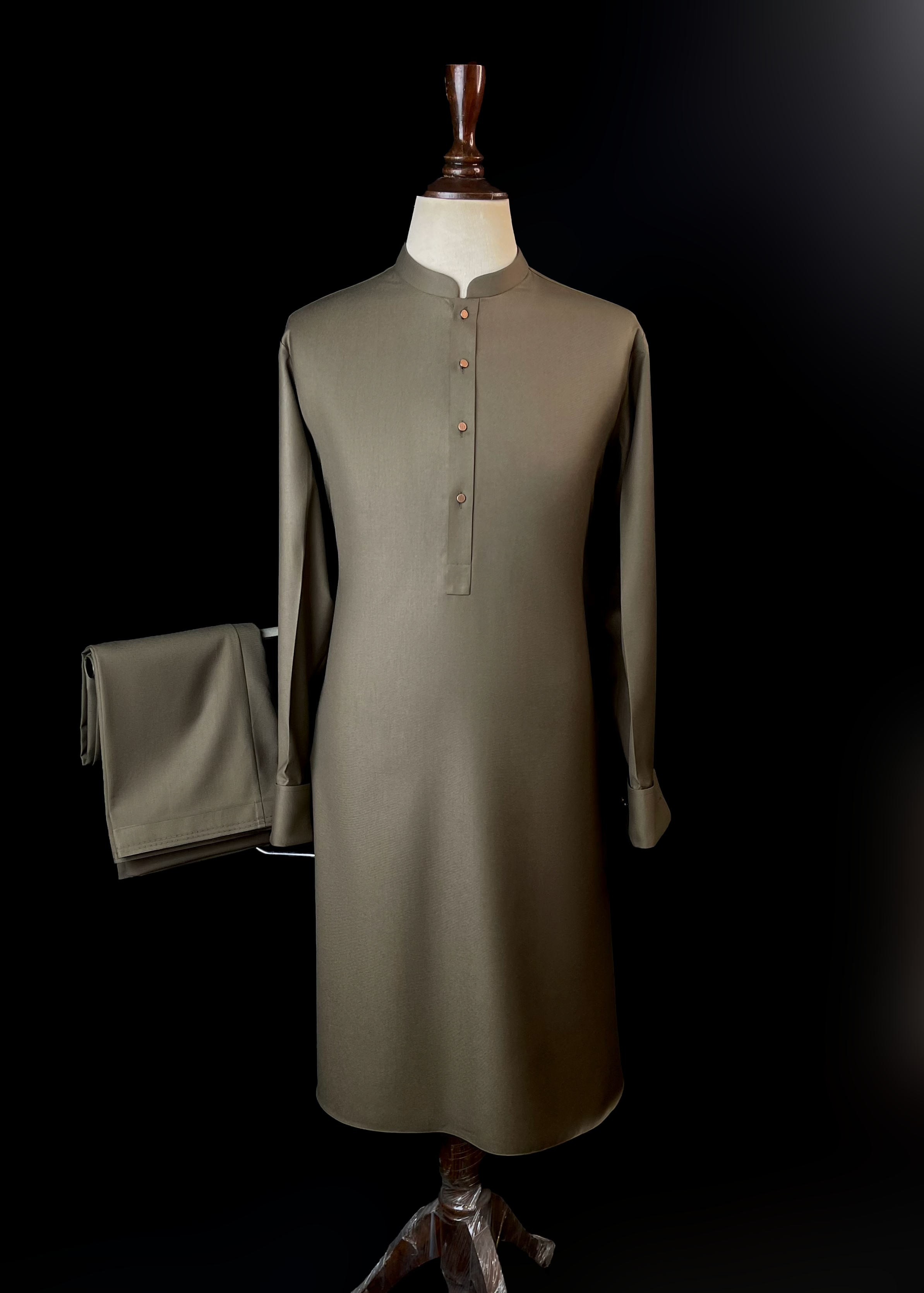 Earthy Olive Green Shalwar Kameez In Imported Suiting Fabric (Winter Collection)