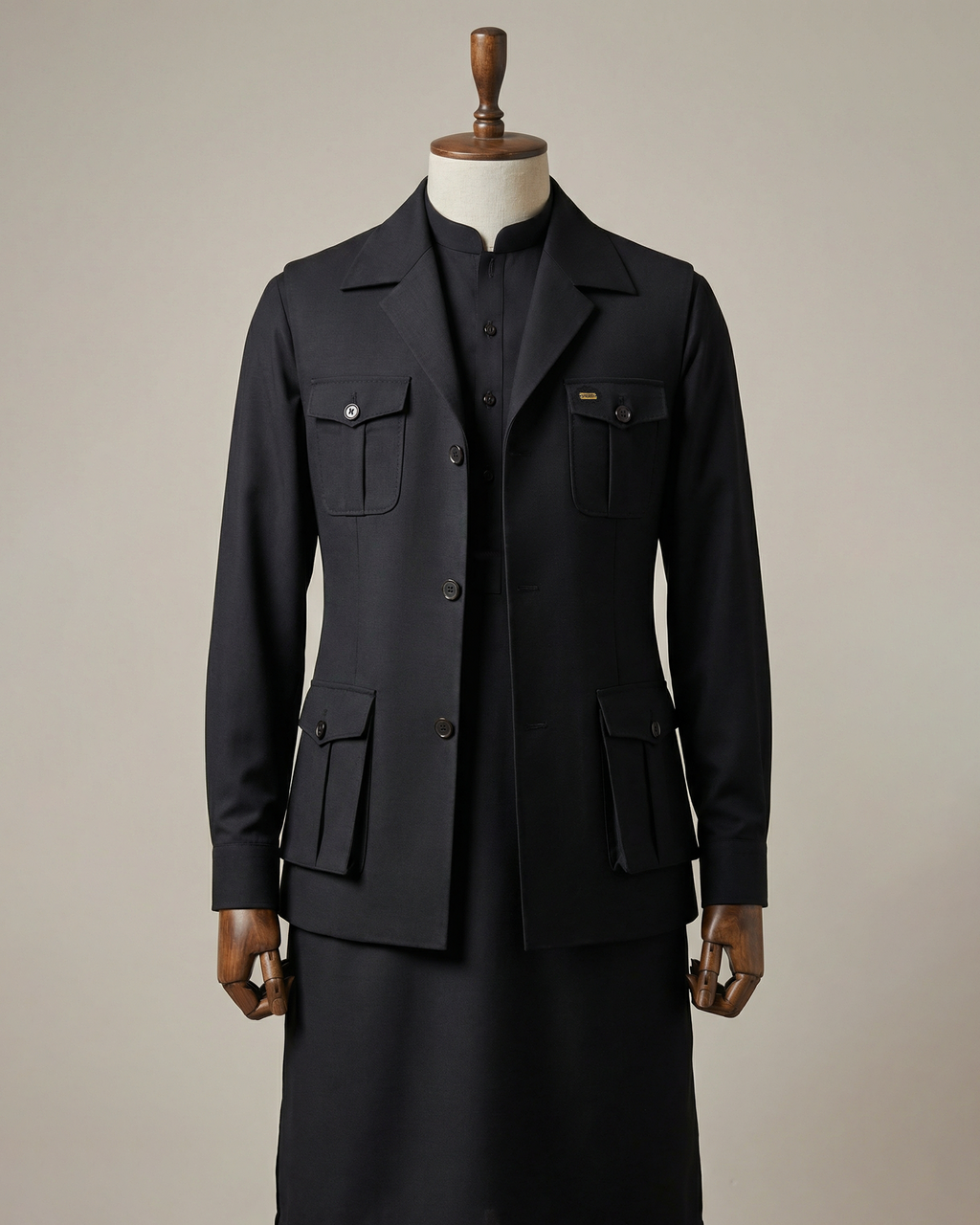 Midnight Black Shalwar Kameez With Matching Premium Utility Waistcoat