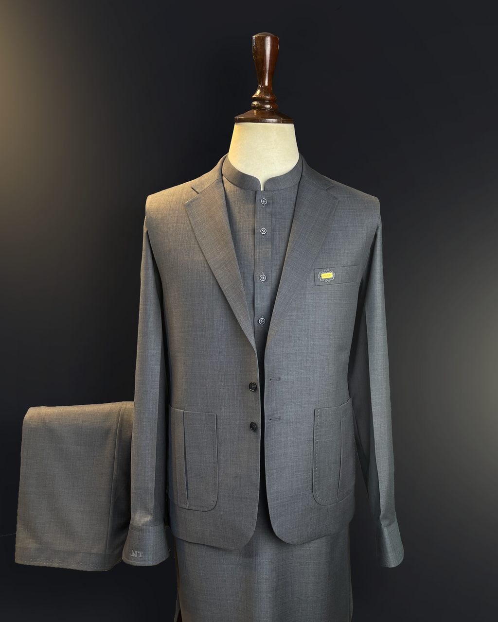 Classic Grey Textured Shalwar Kameez With Matching Waistcoat