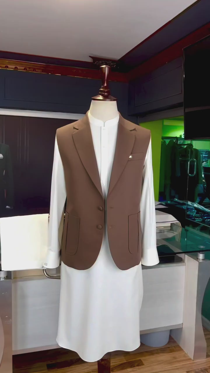 White Kameez Shalwar with Mocha Waistcoat