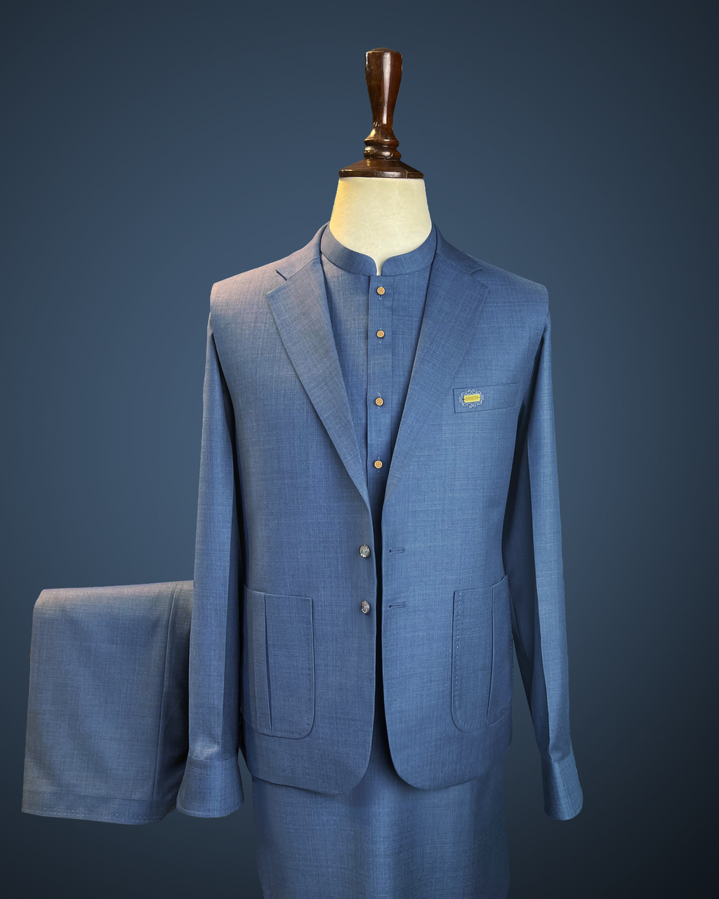 Steel Blue Textured Shalwar Kameez With Matching Waistcoat