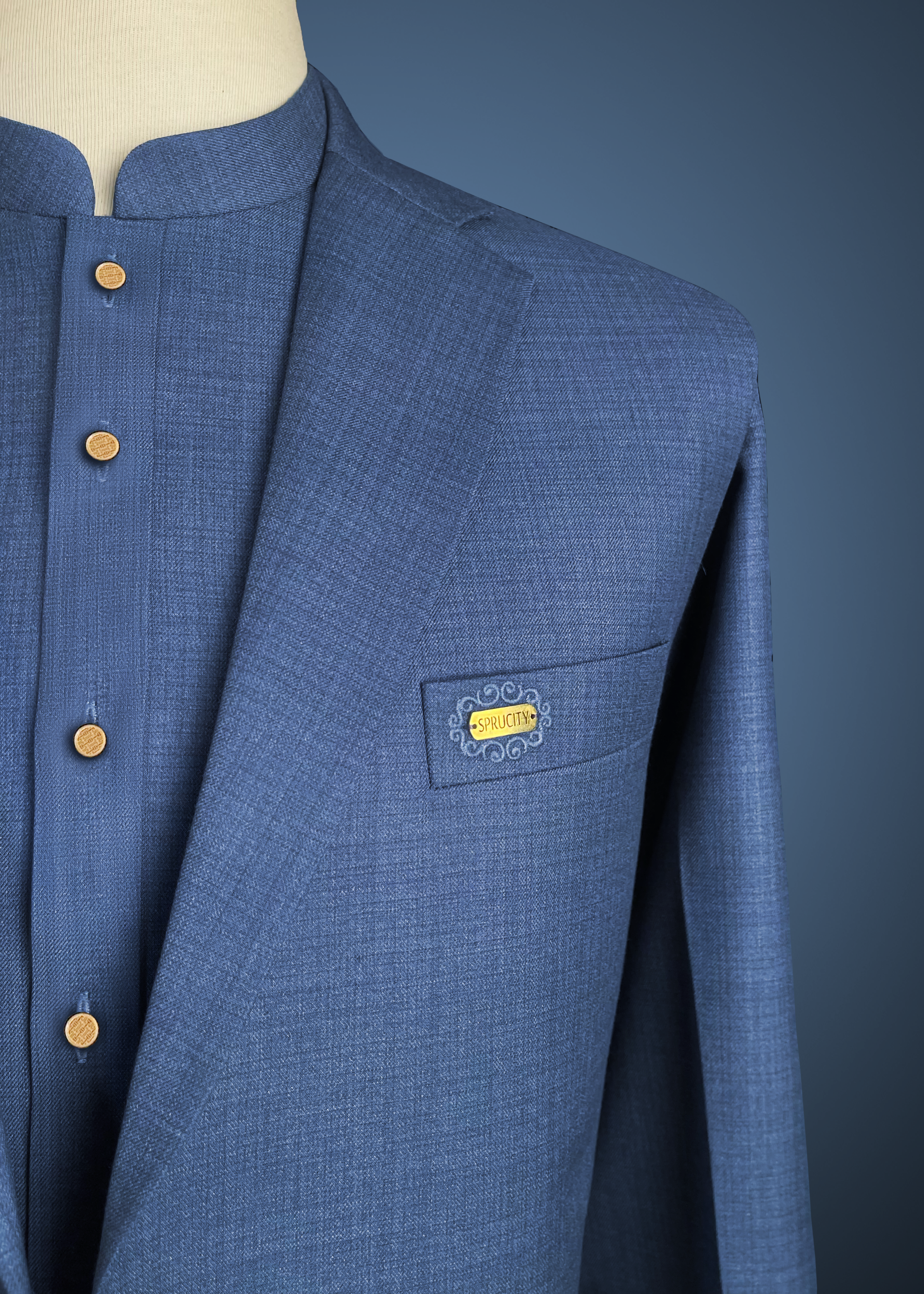 Steel Blue Textured Shalwar Kameez With Matching Waistcoat